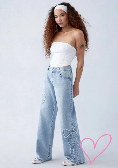 La'Féminine Bow Low Rise Baggy Jeans